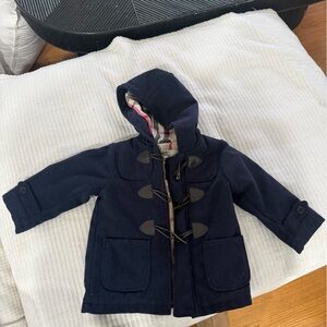 Burberry Beige Plaid-Lined Coat with Navy Exterior